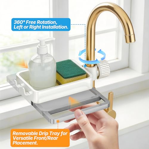 Sink Caddy Kitchen Sink Organizer, 360° Rotating Faucet Sponge Holder for Kitchen Sink with Pull-Out Drain Tray 3 Compartments Hanging Sink Caddy for Sponge Dish Brush Cloth,White