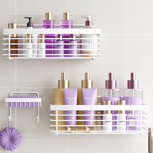 Shower Shelves Adhesive 3 Pack Stainless Steel Storage Organizers-White | No drilling wall mounted,rust-resistant,large capacity,quick drainage,easy to clean,suitable for bathrooms and kitchens - color: White