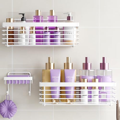 Shower Shelves Adhesive 3 Pack Stainless Steel Storage Organizers-White | No drilling wall mounted,rust-resistant,large capacity,quick drainage,easy to clean,suitable for bathrooms and kitchens - color: White