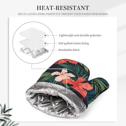 Tropic Hawaiian Hibiscus Flower Oven Mitts Pot Holders Set Silicone Heat Resistant Green Leaves Red Floral Oven Mitts and Hot Pads Potholders Non-Slip Oven Gloves for Cooking Baking Grilling - color: Red Green
