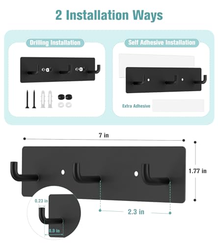 RELBRO Key Holder Wall Mount, Key Rack with 3 Hooks, Small, Black | Metal, Self Adhesive, 2 Installation Options, Matte Finish, Key Holder for Wall Foyer Garage Camper RV - color: Black
