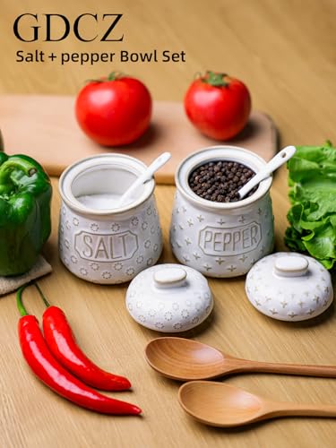 GDCZ 10 Oz Ceramic Salt and Pepper Bowls Set with Lid and Spoons (White) | Convenient Set of 2 for Kitchen, Includes Lids & Matching Spoons, 10oz Capacity, Embossed Texture - color: White