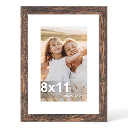 Hongkee 8x11 Picture Frame with Real Glass Wood Frame, 1 Pack(with Mat 6x9) | Rustic Brown, Display 8 x 11 No Mat for Wall and Tabletop for Photos, Artwork; Fits Home, Office & Gallery Wall Decor - color: Rustic Brown, size: 8X11 in