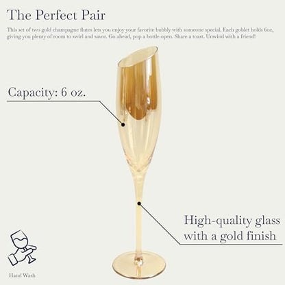 Gold Wine Glasses for Champagne, Set of 2-6oz Champagne Flutes with Slanted Rims, Angled Bowl for Optimal Aeration, Modern, Unique, Decorative Fancy Wine Glasses Set for Women and Men