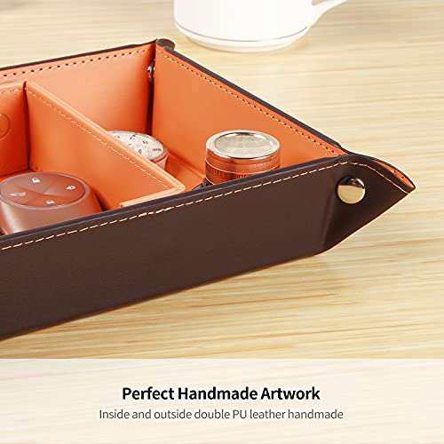 Valet Tray for Men Leather Big Entryway Key Dish Bedside Catchall Bowl 2 Dividers Travel Nightstand Organizer Caddy for Wallet Coins Dice Watch Candy, Sundries Holder for Beside Table (Orange) | Large Jewelry Vanity Tray for Keys,Coins,Wallet,Watch,Phone,