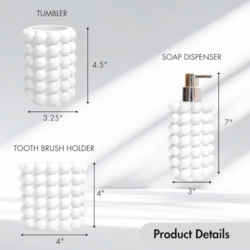 Better Trends Bathroom Accessories Set 3 Pieces Resin Bubble Textured Soap Dispenser, Toothbrush Holder & Tumbler for Vanity, Kitchen Sink & Countertop Organization White Nova Collection - color: White