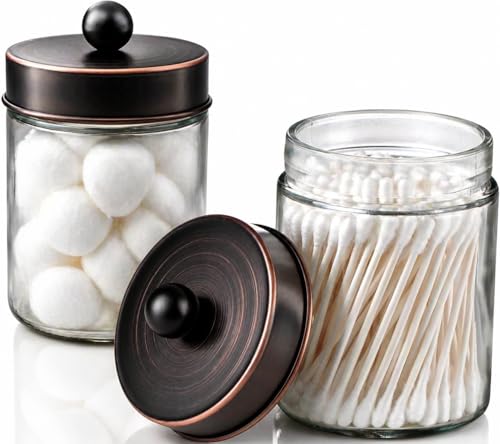 Amolliar Apothecary Jar Bathroom Storage Qtip Holder Glass, ORB 2Pack | for Bathroom Vanity Storage, Countertop, Farmhouse Style, Holds Cotton Swabs, Dental Floss, Makeup Sponges - color: Oil Rubbed Bronze