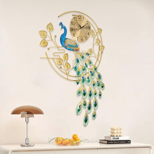 Large Peahen Wall Clock for Living Room Decor, Mid Century Decorative Big Peacock Wall Clocks Non-Ticking Silent 3D Creative Luxury Peacock Clock for Dining Room Bedroom