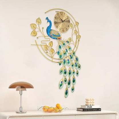 Large Peahen Wall Clock for Living Room Decor, Mid Century Decorative Big Peacock Wall Clocks Non-Ticking Silent 3D Creative Luxury Peacock Clock for Dining Room Bedroom