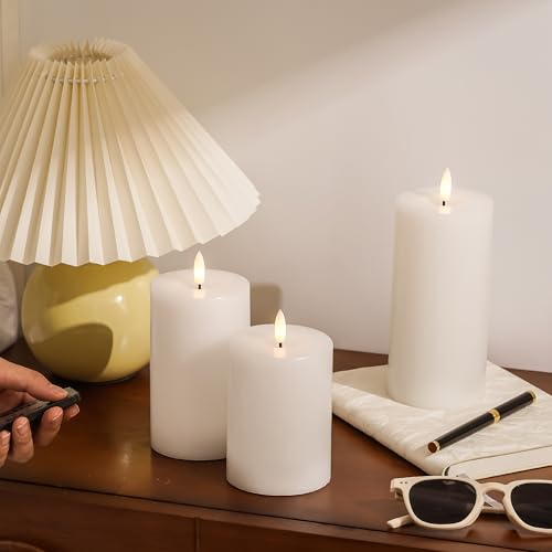 Stmarry White Flameless Candles with Remote and Timer, Real Wax Made LED Pillar Candles Battery Operated with 3D Flickering Flame - 3" x 4",5",6" - Set of 3 - color: White