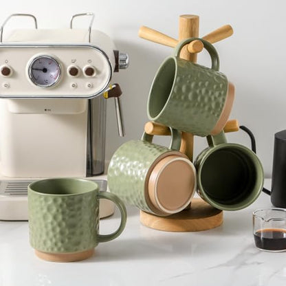 Nihow 16OZ Stackable Coffee Mug Set, Large Ceramic Coffee Mug Set of 4,Coffee Cup Set for Cappuccino/Latte/Cocoa,Dishwasher & Microwave Safe, Matte Green - color: Matte Green, size: 16 oz Without Stand