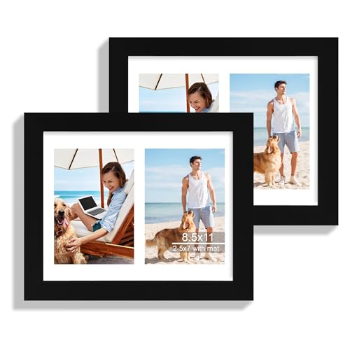 Hongkee 8.5x11 Picture Frame Set of 2, Black Certificate Document Frames with Glass Collage Frame, Display Pictures Two 5x7 With Mat or 8.5 x 11 Without Mat - Horizontal or Vertical Wall Mounting - color: Black, size: 8.5x11 in matted to 2-5x7