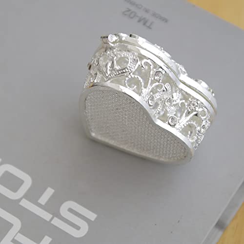 Silver Heart Jewelry Trinket Box Bejeweled Heart Box with Hollow Flower Figurines Jewelry Boxes Ring Holder - color: Silver_3