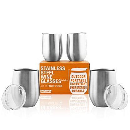 Stainless Steel Wine Glasses with Lid (Set of 4) - 12 oz Double Walled Insulated Outdoor Wine Tumblers - 100% Unbreakable & Stemless - Drinkware Set for: Wine, Coffee, Water