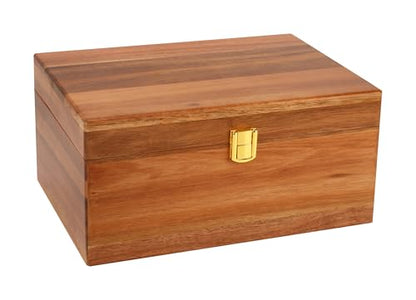 Handmade Premium Solid Acacia Wood Box with Hinged Lid – Natural Unique Finish, Golden Hinges & Latch Closure, Secure Storage for Tea, Jewelry, Crafts, Tools & More – 11" x 8" x 5.25" inch - size: 11 x 8 x 5.25 inch