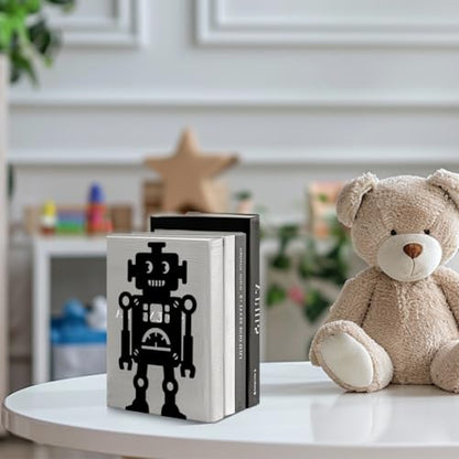 5.3"x4.3"x7.9" Metal Bookends, Heavy Duty Book Ends for Shelves | Robot Theme Cast Iron Book Supports, 1 Pair Decor Stoppers for Desk, Library, Office & Home Shelves - style: Robot