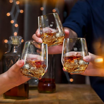Joeyan Etched Stemless Wine Glasses,Hand Blown Drinking Glass Cups Wine Tumbler with Line Patterns,Carved Large Cocktail Whiskey Glasses,Gift for Party Wedding,4 Pack,17.5 oz,Dishwasher Safe - color: Geometry Theme