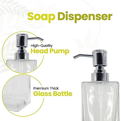 Square Glass Clear Lotion and Soap Pump Dispenser Set with Metal Stand Caddy for Bathroom Bath Kitchen Home Office Travel Hotel Hand Crafted Heavy Weight Chrome - color: Chrome