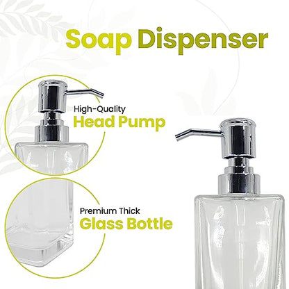 Square Glass Clear Lotion and Soap Pump Dispenser Set with Metal Stand Caddy for Bathroom Bath Kitchen Home Office Travel Hotel Hand Crafted Heavy Weight Chrome - color: Chrome