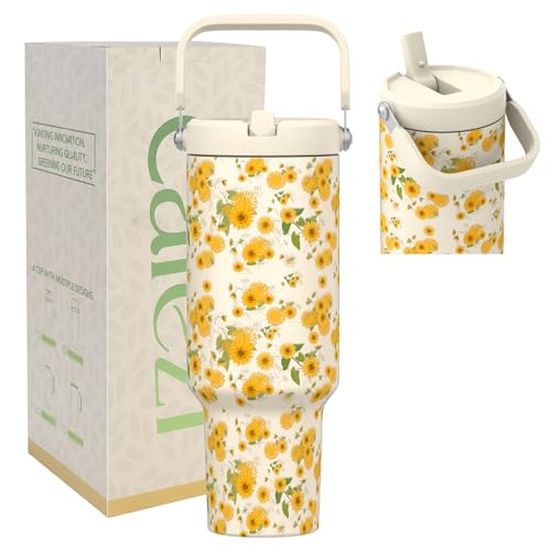 40 oz Insulated Tumbler with Top Handle and Flip Straw | Vacuum Insulated Stainless Steel Cup with Leak-Proof Lid, Sweat-Free, Fits Cup Holder, Keeps Ice Cold up to 30 Hours - color: Sunflower, size: 40 Ounces