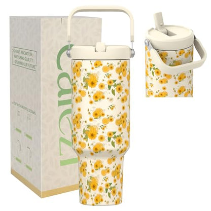 40 oz Insulated Tumbler with Top Handle and Flip Straw | Vacuum Insulated Stainless Steel Cup with Leak-Proof Lid, Sweat-Free, Fits Cup Holder, Keeps Ice Cold up to 30 Hours - color: Sunflower, size: 40 Ounces