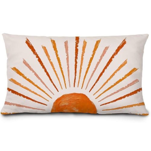 Burnt Orange Boho Sun Pillow Cover 12x20 Inches,Modern Bohemian Abstract Sunset Decoration for Bedroom Living Rooms,Boho Sunshine Lumbar Cushion Cover for Couch Bed - color: Sunset Oil Painting, size: 20" x 12" (Pack of 1)