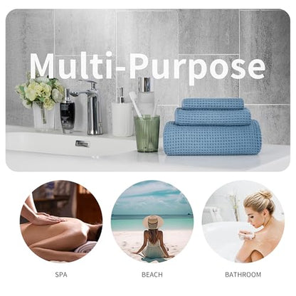 MICROFI Microfiber Waffle Bath Towels, 3 Pieces, Oversized, Soft, Absorbent, Fast Drying, Lint Free, Includes Bath, Face and Hand Towels 430 GSM - color: Blue