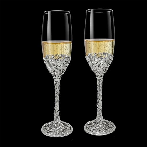 Champagne Flutes -His and Hers,Wedding Toasting Glasses for Engagement Celebrations, Bridal Shower and Registry Idea, Tall Wine Glasses for Bride and Groom Gifts,7oz (Silver new) - color: Silver new