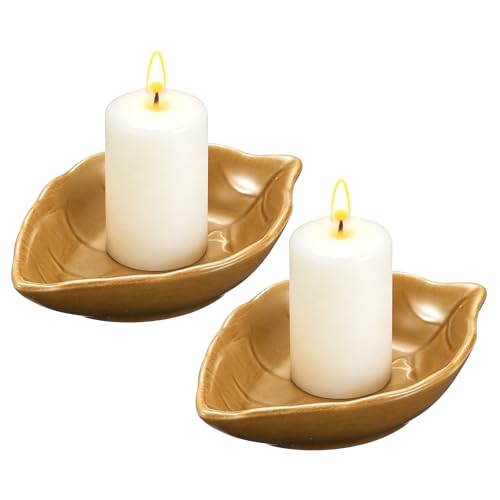 uxcell 2Pcs Ceramic Candle Holder Plates, 4.3 x 3'' Leaf Shaped Candlestick Holder Decorative Dish Small Candle Plate for Tea Light Aromatherapy Wedding Rustic Vintage Home, Brown - color: Brown