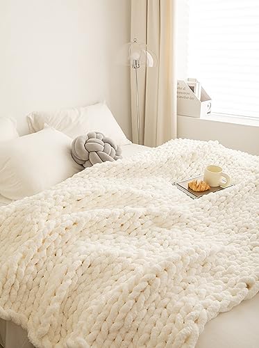Chunky Knit Blanket Soft Chenille Yarn Knitted Throw Blanket 50"X60" Handmade Cable Warm Thick Giant Blanket for Couch Bed Trips (White, Throw 50"X60")?-¡­ - color: Cream White, size: Throw 50"X60"