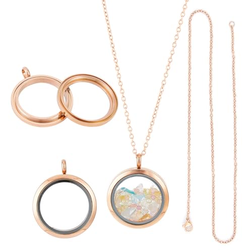 4pcs Photo Locket Charms Necklace Round Stainless Steel Locket Pendants Crystal Double-Sided Picture Frame Memory Locket Charm with 17.7inch Chain for Wedding Jewellery Making Photo - color: Rose Gold