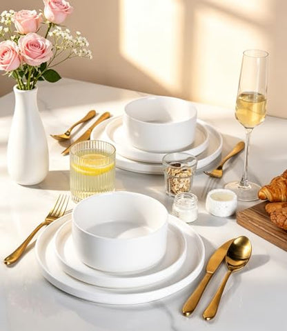 GBHOME Stoneware Dinnerware Sets for 4,12-Piece Matte Plates and Bowls Set | Lightweight Ceramic Dish Set,Oven & Microwave,Dishwasher Safe,Scratch Resistant-White - color: White