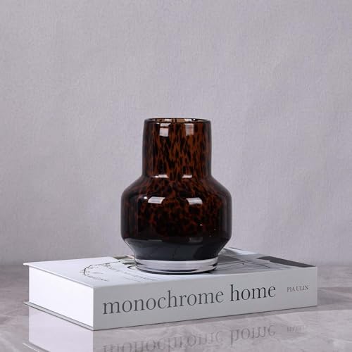Amber Vase – Brown Glass, Modern Clear Glass Vase with Wide Mouth for Flowers, Decorative Bottles for Home Decor, Farmhouse Centerpiece, Tortoise Shell Art Glass Vase for Living Room, Kitchen, Office