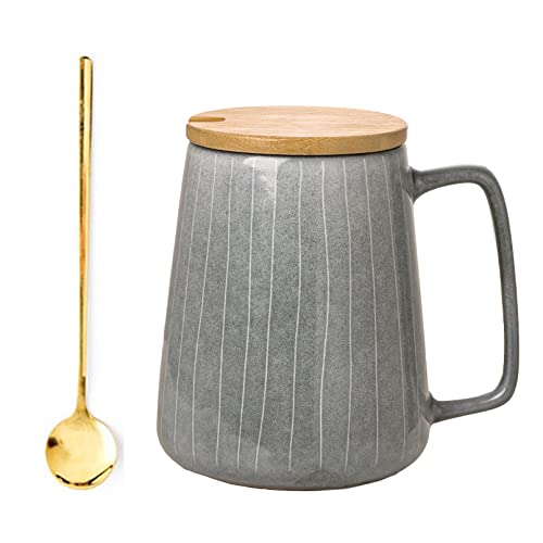 Large Ceramics Coffee Mugs,with Spoon and Wooden Lid,for Coffee,Tea,Cocoa,Large Handle Design,Microwave Dishwasher Safe (Gray Set) - color: 24 oz Gray Set