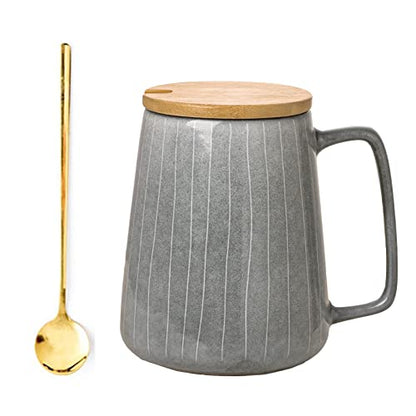 Large Ceramics Coffee Mugs,with Spoon and Wooden Lid,for Coffee,Tea,Cocoa,Large Handle Design,Microwave Dishwasher Safe (Gray Set) - color: 24 oz Gray Set