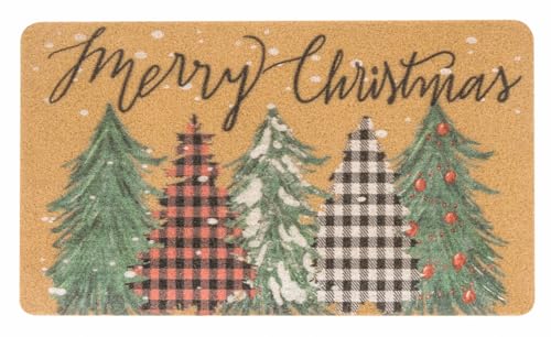 Winter-Chirstmat Welcome-Pine-Trees-Doormat for Outdoor - Xmas-Home-Decor | 30x17 in artificial coir door mat with backing Non-slip,great for winter holiday home outdoor front door decor - color: Plaid Pine Tree