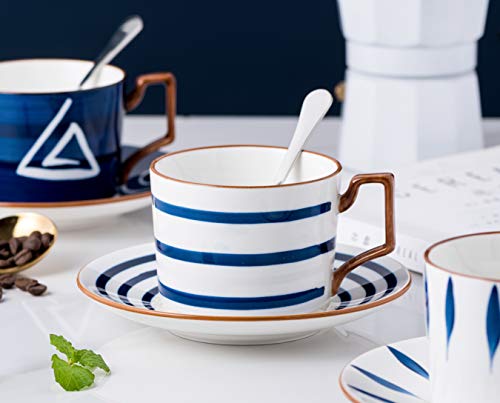 Jusalpha- 7OZ Porcelain Tea/Coffee Cup With Spoon Saucer Set, Serve of 4 | Japanese style hand printed design