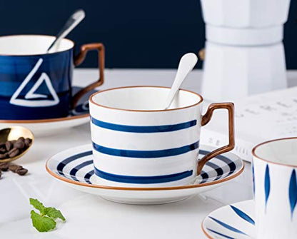 Jusalpha- 7OZ Porcelain Tea/Coffee Cup With Spoon Saucer Set, Serve of 4 | Japanese style hand printed design