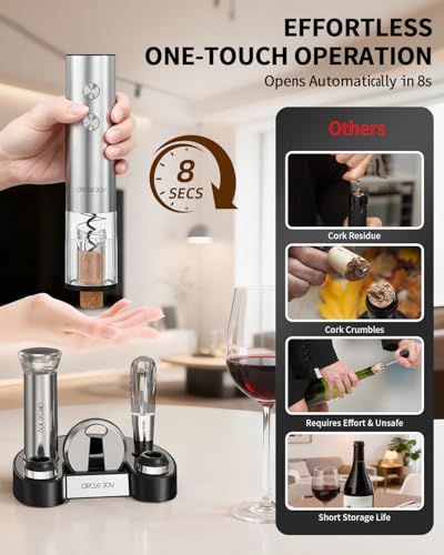 CIRCLE JOY Electric Wine Bottle Opener Set Stainless Steel Rechargeable Wine Opener 8-in-1 Wine Gift Set with Charging base, Foil Cutter, Wine Aerator Pourer, Vacuum Pump & 2 Wine Stoppers, Silver - color: 8-in-1 Silver