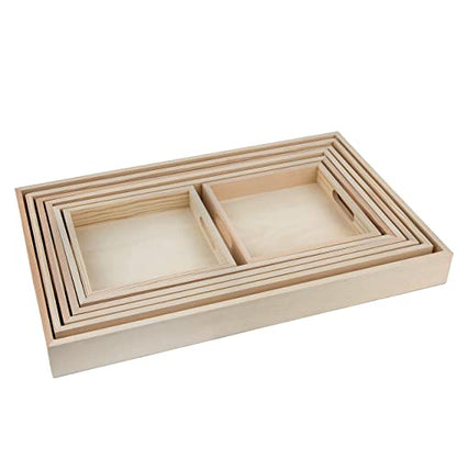 Wooden Serving Trays with Handles - 7 Piece Nested Breakfast Set - Perfect for Organizing, Bathroom, Party Buffet & Serving