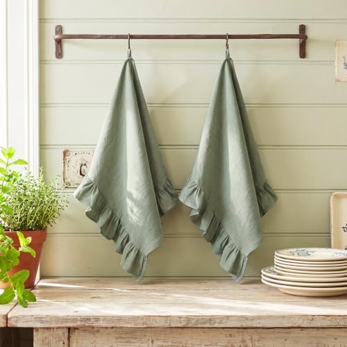 HunnmingRe Sage Green Kitchen Towels Set of 2, 100% Cotton Retro Ruffled Dish Towels 18"x28" Absorbent Tea Cloths for Farmhouse Charm, Drying Dishes, Entertaining Guests - color: Sage Green, style: Retro