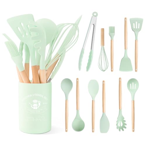 Kitchen Utensils Set Silicone Kitchen Utensils Set with Wooden Handle Utensils for Cooking Heat Resistant Silicone Non-Stick Cookware BPA FREE (Green) - color: Green