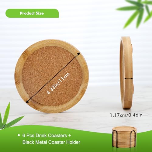 Bamboo Cork Coasters for Drinks Absorbent with Holder Set of 6, Bamboo Coasters for Drinks Coaster Sets Rustic Farmhouse for Coffee Table Dining Table Set of 6 4.33in