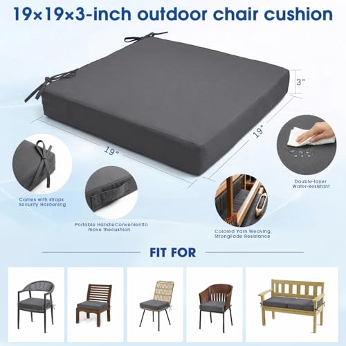 Outdoor Chair Cushions Set of 4, 19x19 Waterproof Patio Pads, Dark Gray | Fade resistant fabric with ties, handle and 3-inch foam for dining seats, decks, porches, gardens and hard seating - color: Dark Gray
