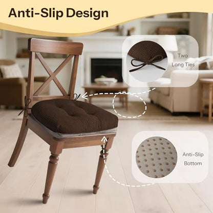 Anti Slip Kitchen Chair Cushions Set of 4 18"X16.5"X3" Brown | Elegant Breathable Textured Fabric, with Ties, Tufted, Thick Polyester Filling, for Dining Chairs, Folding Chairs, Office - color: Brown