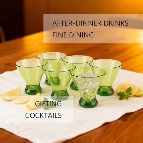 Set of 6 Martini glass 9 oz Stemless Glasses,Heavy Base Stable Cocktail/Drink/Juice/Red Wine Glasses,Fits Ice Cream/Milkshakes,Dishwasher Safe,Ideal Gift for Home Party (Green) - color: Green