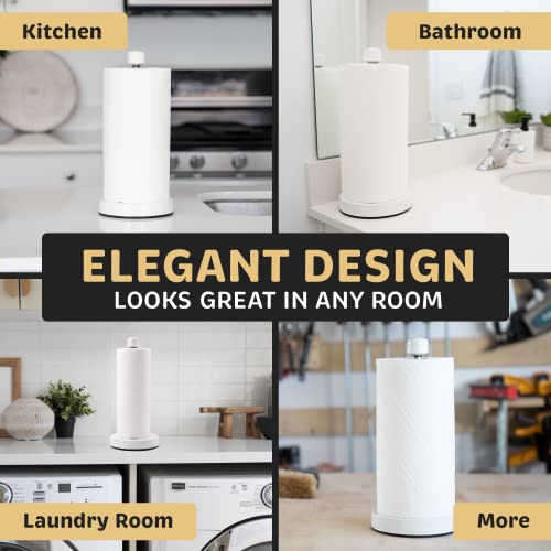Heavy-Duty Stainless Steel Paper Towel Holder - Easy One-Handed Tear with Suction Cups - Modern Weighted Standing Countertop Dispenser for Kitchen - Holds All Paper Towel Rolls, White - color: White