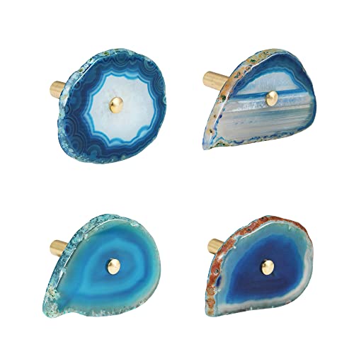 CozyTower 4 Pcs Unique Agate Wall Hooks for Hanging, Decorative Wall Hooks | Coat Hooks Wall Mounted, Irregular Agate Brass Rod, Single Hook, Hat Bag Hooks for Wall Curtain Tieback Hooks (Blue Agate) - color: Blue