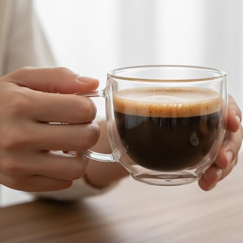 Double Wall Glass Coffee Mugs with Handle, 7.4 oz (220ml) Clear Insulated Espresso Cups for Cappuccino, Latte, Hot Tea & Cold Drinks, Microwave Safe Borosilicate Glassware, Set of 2 (6oz(2-pack))