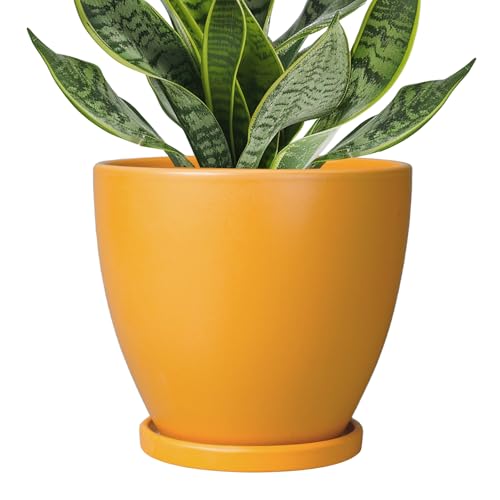 6.8 Inch Plant Pot - Ceramic Planter with Drainage Hole and Saucer, Modern Round Flower Pot, Planters for Indoor Plants, Home Garden Decor, Orange - color: Glossy Orange, size: 6 Inch